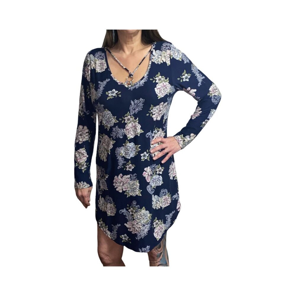 Sz.L*Just Be*Dark Blue Floral-Print Long-Sleeve Dress